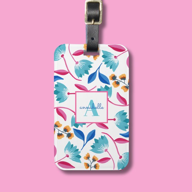 Mit Monogramm Folkloremuster Gepäckanhänger (Abstract botanical folk art floral personalized luggage tag)