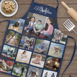 Mit Monogramm Foto Collage Grid Muster Navy Blue Schürze