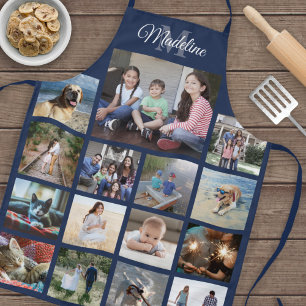 Mit Monogramm Foto Collage Grid Muster Navy Blue Schürze