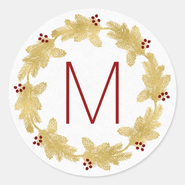 Mit Monogramm Freude mit Dove Gold Holiday Wreath Runder Aufkleber (Vorderseite)