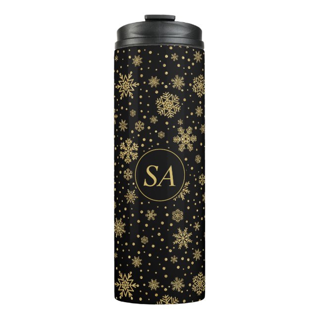 Mit Monogramm frohe Weihnachten Goldene Schneefloc Thermosbecher (Vorderseite)