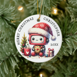 Mit Monogramm Frohe Weihnachten Niedlicher Roboter Keramik Ornament