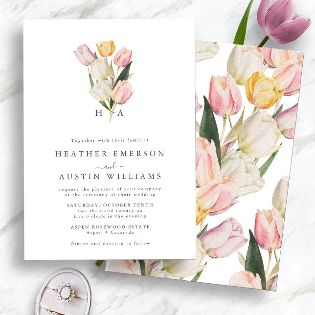Mit Monogramm Frühjahrsfeier Einladung (Elegant Watercolor Tulips Monogrammed Spring Wedding Invitation by Painted Paperie
)