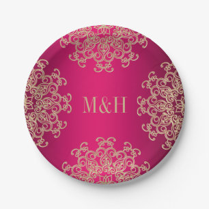Mit Monogramm Fuchsien- und Goldhochzeit im indisc Pappteller