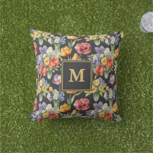 Mit Monogramm Garten mit bunten Frühlingsblumen Kissen