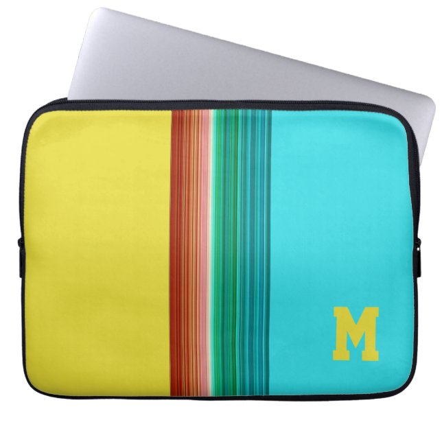Mit Monogramm-gelb-blaues Multicolor-Streifen Laptopschutzhülle (Vorderseite)