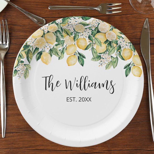 Mit Monogramm Gelber Zitronenbaum Pappteller (In situ)