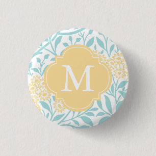 Mit Monogramm Gelbes Aqua-Floral Damask Muster Button