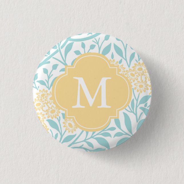 Mit Monogramm Gelbes Aqua-Floral Damask Muster Button (Vorderseite)