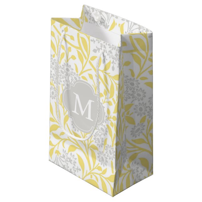 Mit Monogramm-gelbes, florales Damastmuster Kleine Geschenktüte (Vorderseite Schrägansicht)
