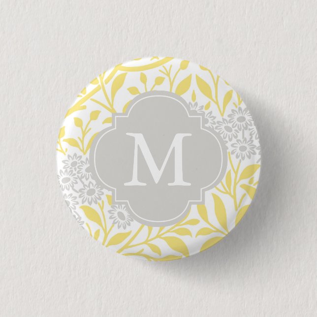 Mit Monogramm gelbes graues Blumenmuster Button (Vorderseite)