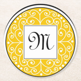 Mit Monogramm gelbes Schwarz-weißes Wirbels-Muster Runder Pappuntersetzer
