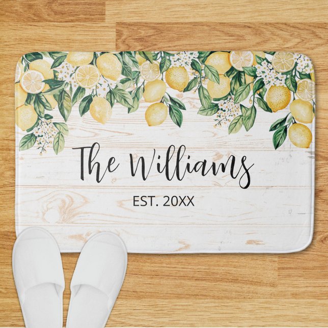 Mit Monogramm Gelbes Zitronenbaum Weißes Holz Badematte (In situ)