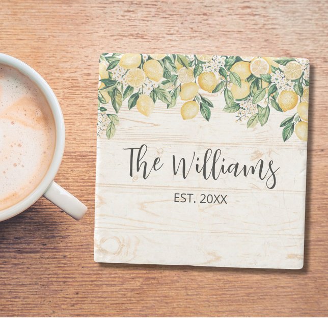 Mit Monogramm Gelbes Zitronenbaum Weißes Holz Steinuntersetzer (In situ)