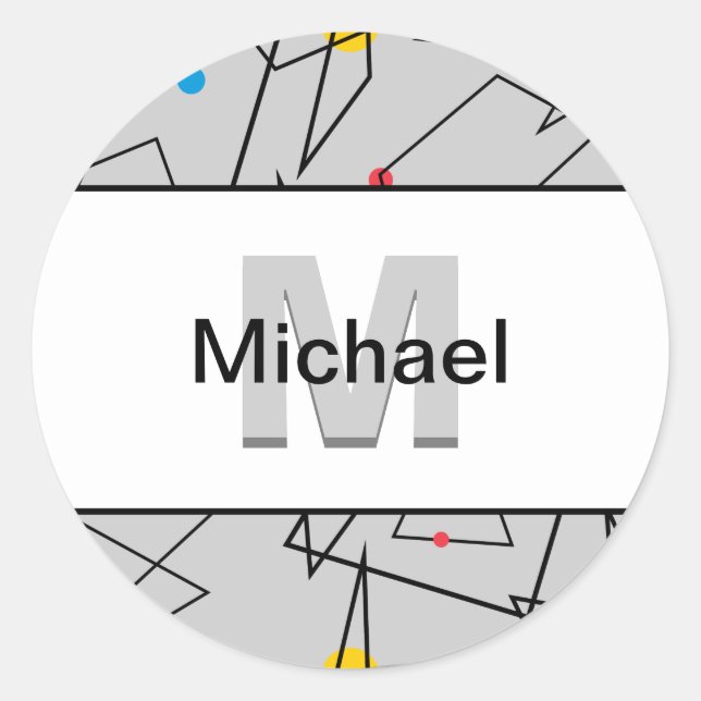 Mit Monogramm geometrisches Retro-Muster Runder Aufkleber (Vorderseite)