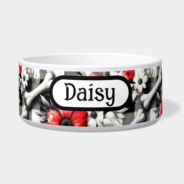 Mit Monogramm Gingham Kariert Schwarz-weiß Rote Fl Napf (Vorderseite)