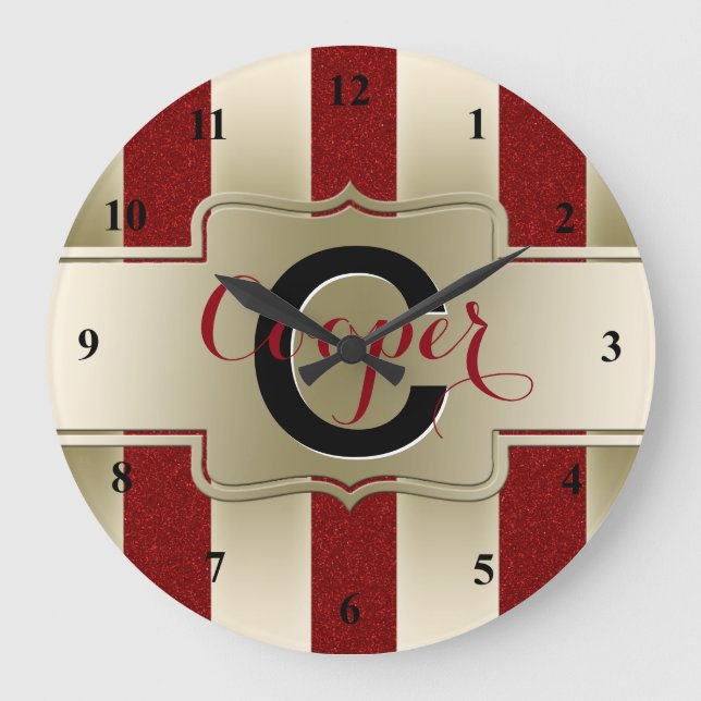 Mit Monogramm Glitzer-Goldstreifen des Namen-| Große Wanduhr (Vorderseite)