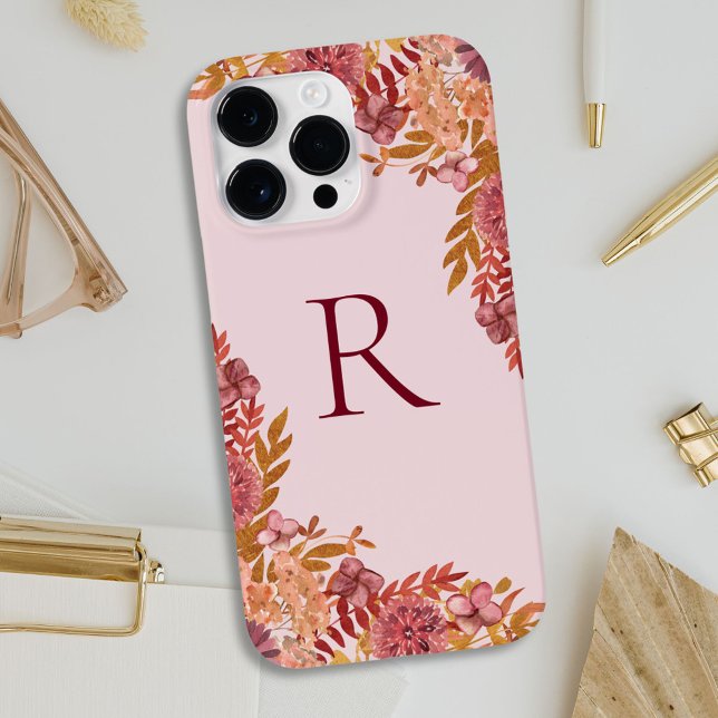 Mit Monogramm Gold Burgund Fall Floral Case-Mate iPhone Hülle (In situ)