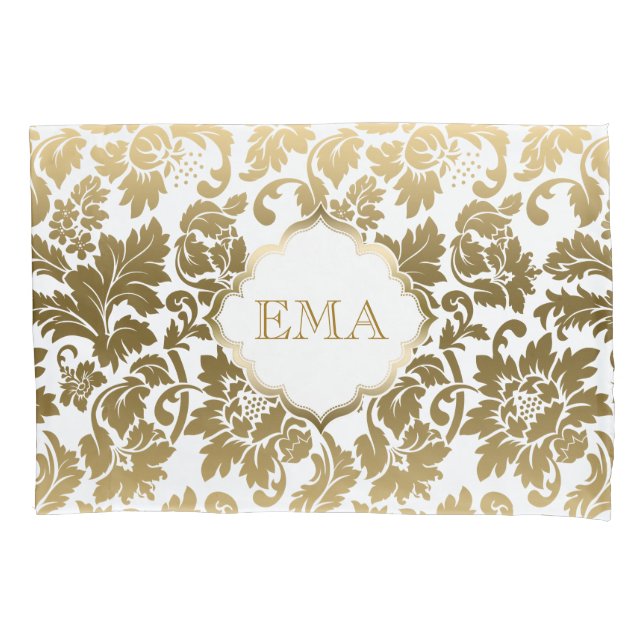Mit Monogramm Gold Floral Damask Kissenbezug (Vorderseite)