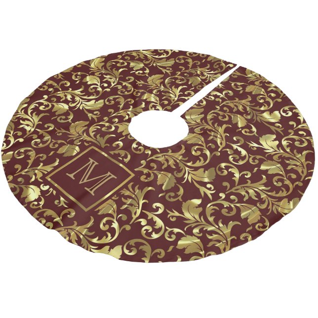 Mit Monogramm Gold Floral Damask Polyester Weihnachtsbaumdecke (Schrägansicht)