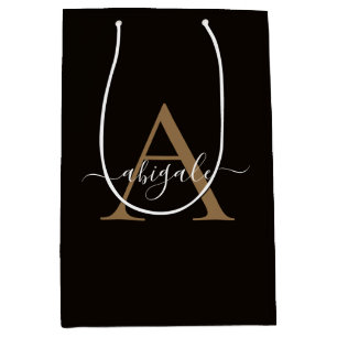 Mit Monogramm Gold Leather Black   Minimal Elegant Mittlere Geschenktüte
