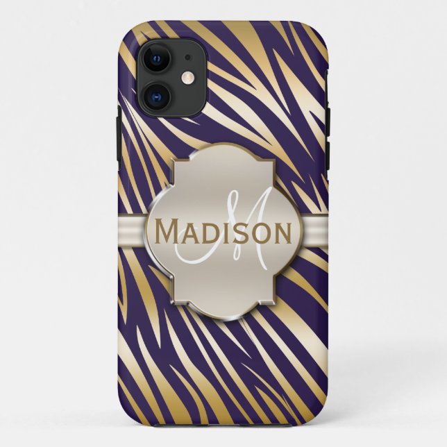 Mit Monogramm Gold Lila Zebra Druckmuster Case-Mate iPhone Hülle (Rückseite)