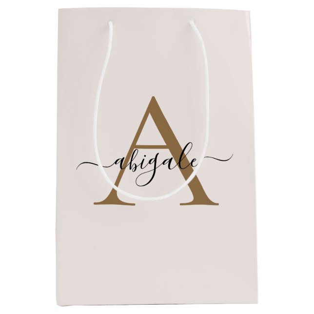 Mit Monogramm Gold Pearl White | Minimal Elegant Mittlere Geschenktüte (Vorderseite)