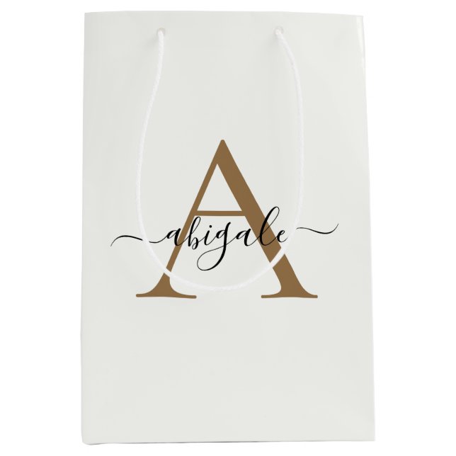 Mit Monogramm Gold Pearl White | Minimal Elegant Mittlere Geschenktüte (Vorderseite)