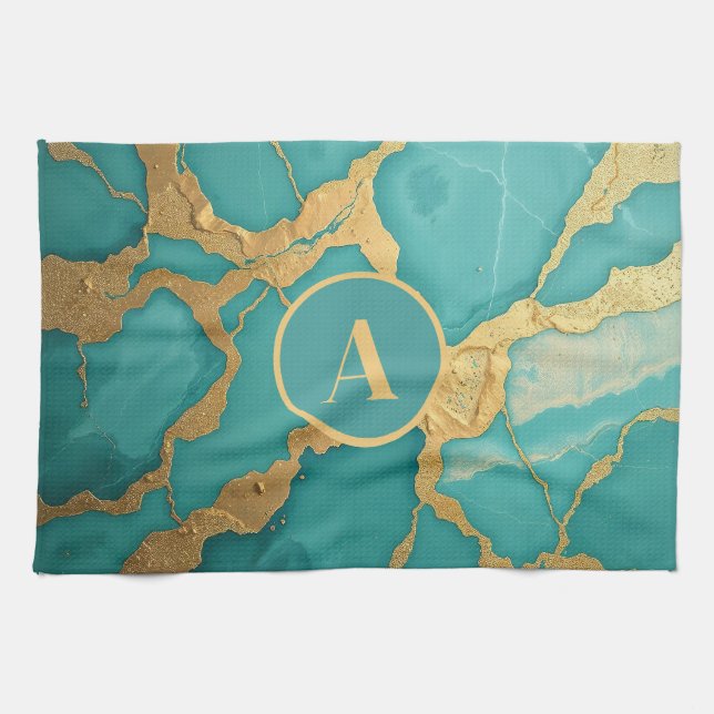 Mit Monogramm Gold und Aquamariner Luxe-Marmor Geschirrtuch (Horizontal)