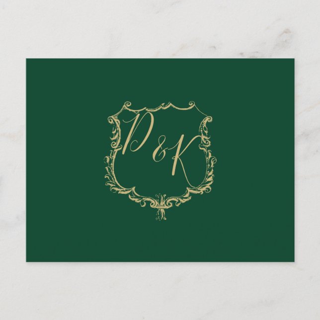 Mit Monogramm Gold Wappen Green Wedding Rsvp Postc Einladungspostkarte (Vorderseite)