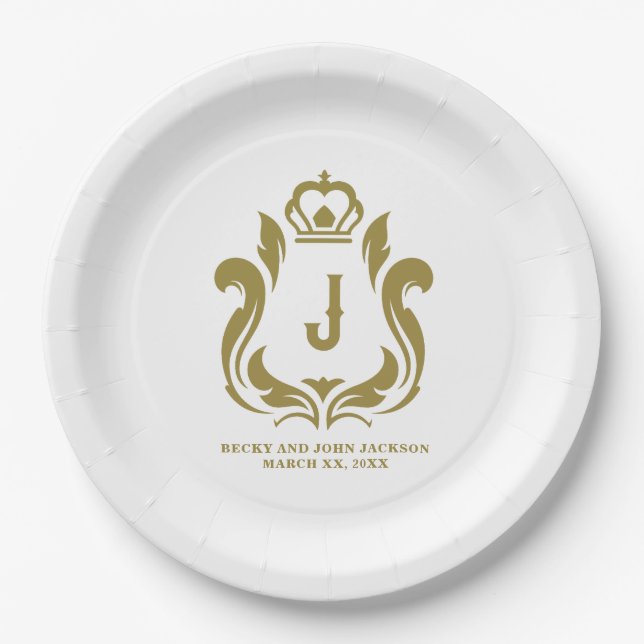 Mit Monogramm Gold-Wappen Pappteller (Vorderseite)