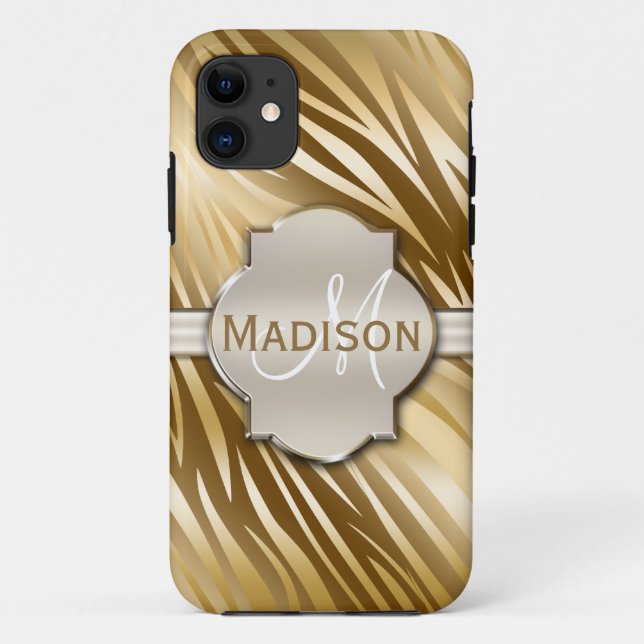 Mit Monogramm Gold Zebra-Druckmuster Case-Mate iPhone Hülle (Rückseite)