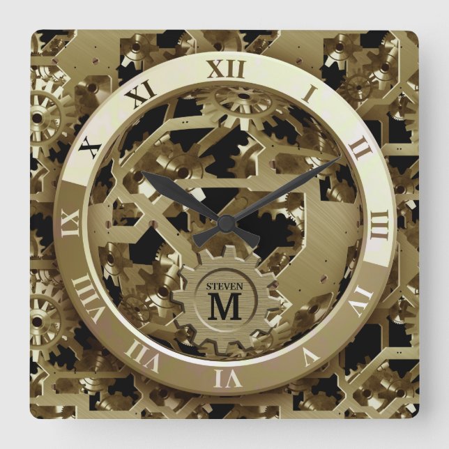 Mit Monogramm Golden Clock Gears römische Zahlen Quadratische Wanduhr (Vorderseite)