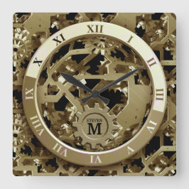 Mit Monogramm Golden Clock Gears römische Zahlen Quadratische Wanduhr