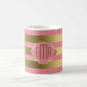 Mit Monogramm goldene Streifen und rosa geometrisc Kaffeetasse