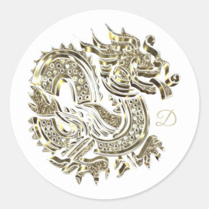 Mit Monogramm goldenes Drache-Logo elegant Runder Aufkleber