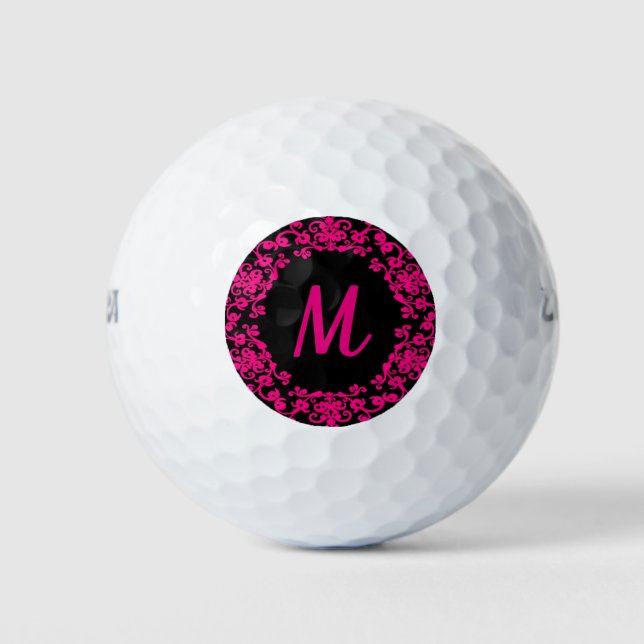 Mit Monogramm Golfball Girly Black & Bright Pink (Vorderseite)