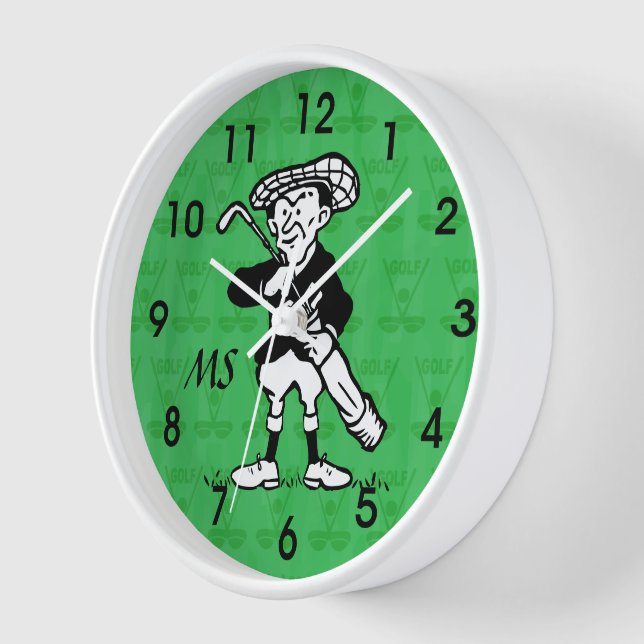 Mit Monogramm Golfspieler Cartoon Uhr (Winkel)