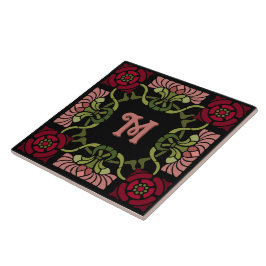 Mit Monogramm Goth Art Nouveau Rose und Dahlia Red Fliese