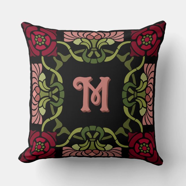Mit Monogramm Goth Art Nouveau Rose und Dahlia Red Kissen (Vorderseite)