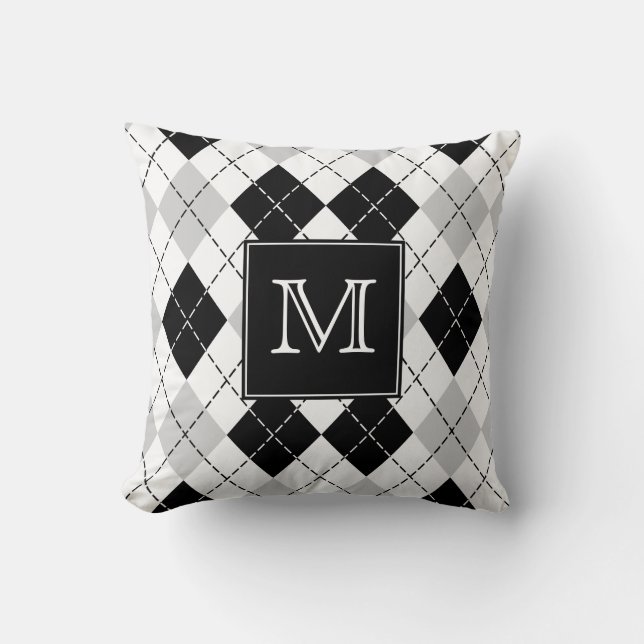 Mit Monogramm graue Schwarzweiss-Raute Kissen (Vorderseite)