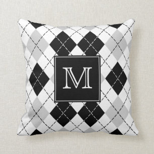 Mit Monogramm graue Schwarzweiss-Raute Kissen