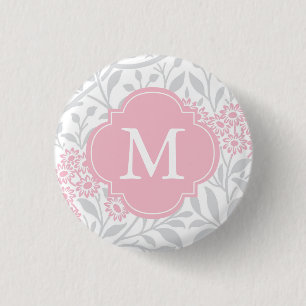 Mit Monogramm graues rosa Blumendamast-Muster Button