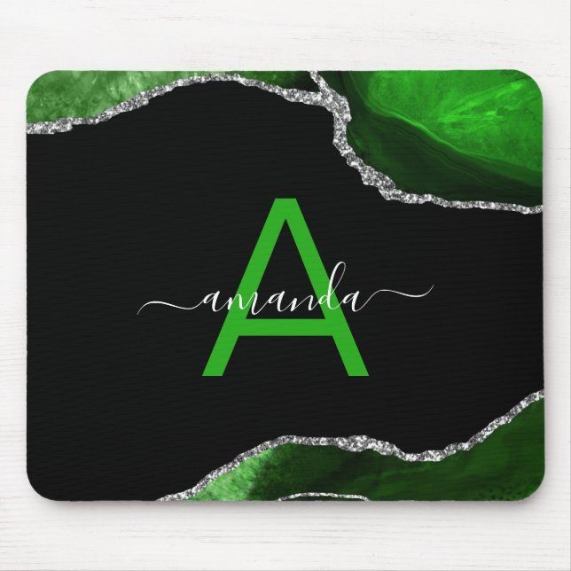Mit Monogramm Green Agate mit Silver Glitzer Akzen Mousepad (Vorne)