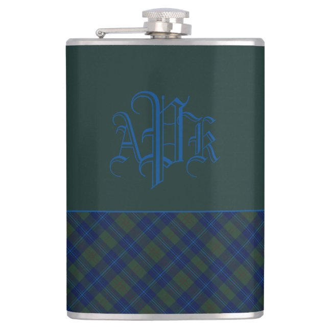 Mit Monogramm Green, Blue & Aqua Kariert Flachmann (Vorderseite)