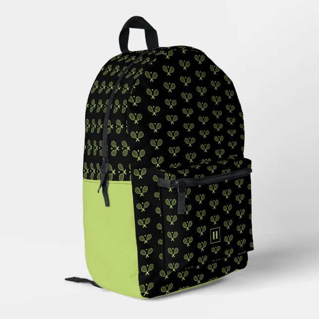 Mit Monogramm Green Tennis Racket Muster Bedruckter Rucksack (Rückseitige Ecke links)