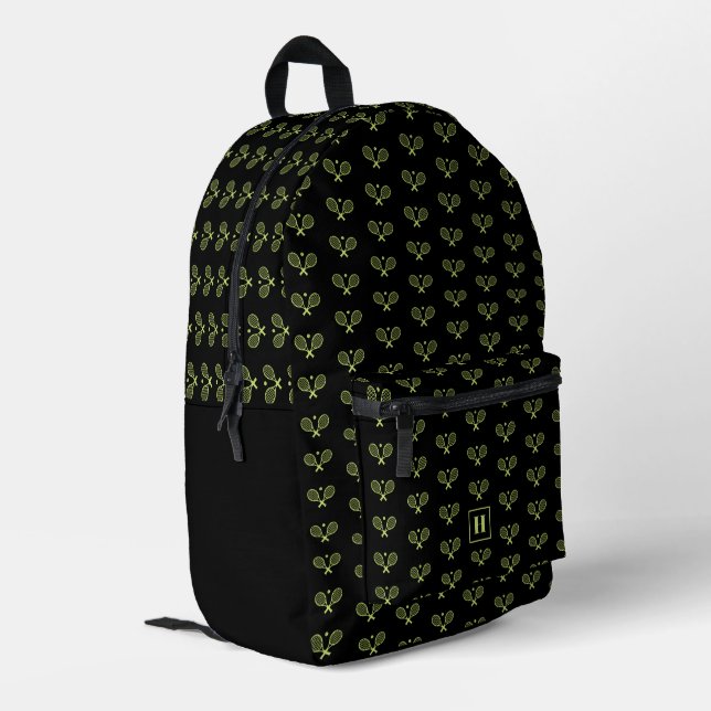 Mit Monogramm Green Tennis Racket Muster Bedruckter Rucksack (Rückseitige Ecke links)