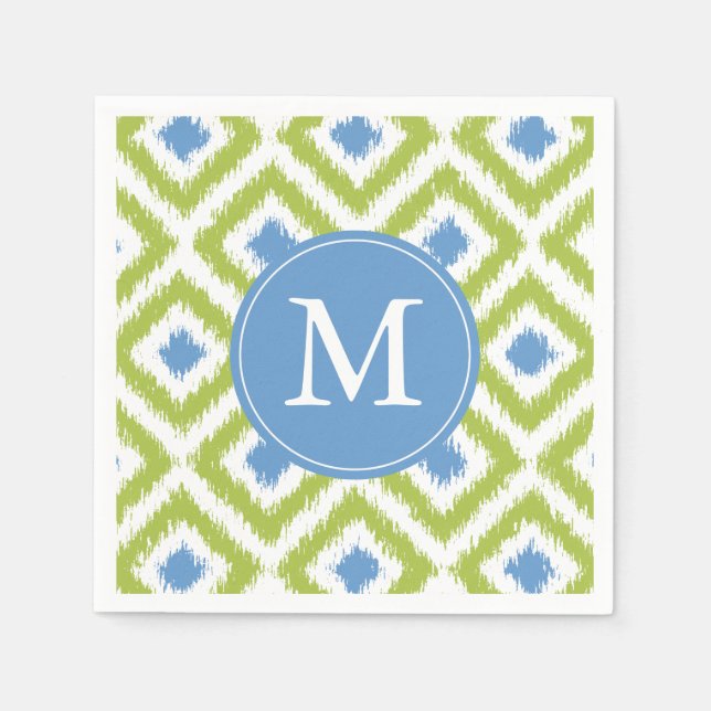 Mit Monogramm Green und Blue Ikat Diamonds-Muster Serviette (Vorderseite)