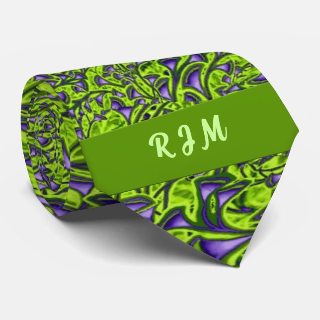 Mit Monogramm Green und Lila Paisley Krawatte (Gerollt)
