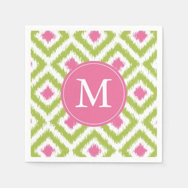 Mit Monogramm Green und Pink Ikat Diamonds-Muster Serviette (Vorderseite)